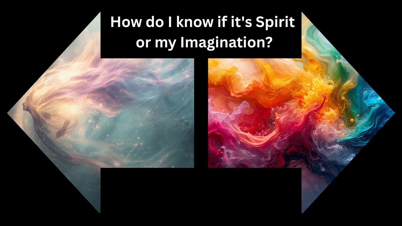 A black background with two arrows facing outward. The left area is a picture of Spirit and the right arrow is a colorful depiction of imagination.